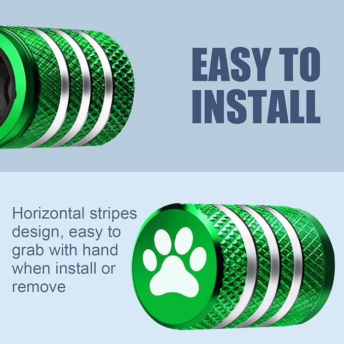 Tire Valve Stem Caps Cover - (5 Pack) Tire Air Caps Metal with Plastic Liner Corrosion Resistant Leak-Proof Dog Paw Print for Car Truck Motorcycle Bike Green