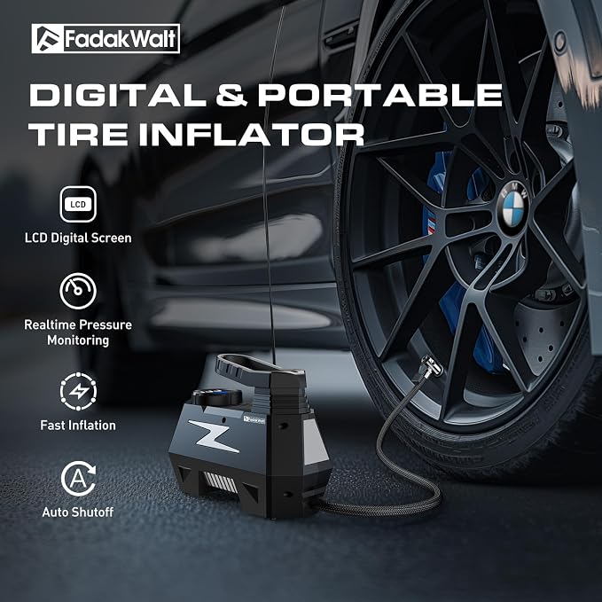 Tire Inflator Portable Air Compressor, 12V DC Car Air Pump with Auto Shutoff, 150 PSI Digital Gauge, LED Light, Metal Valve Connector, Accessories for Cars, Large, Sliver