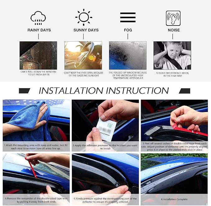 Fit 2006-2011 Honda Civic Sedan 4-Door Only Tape On External Window Visor |, Acrylic, Smoke Tinted, Sun Rain Wind Guards Shield, Vent Wind Deflector, Rainproof & Anti Fog, Waterproof