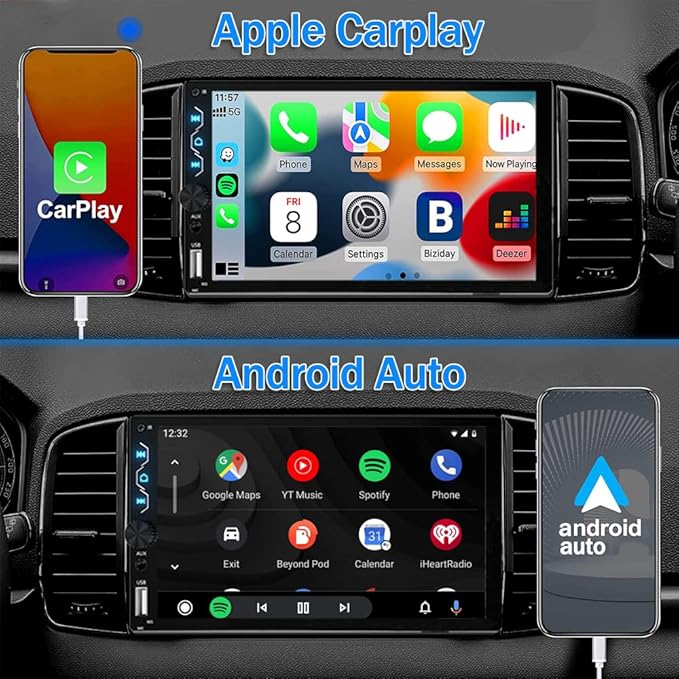 Double Din Car Stereo with Apple Carplay and Android Auto, 7 Inch Full HD Touchscreen Car Radio Bluetooth, Car Stereo with Backup Camera, Support Mirror Link/Steering Wheel/USB/AUX/Subwoofer