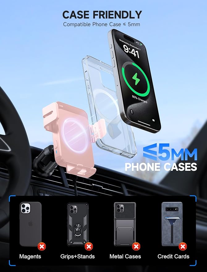 Wireless Car Charger, 15W Auto Clamping Car Charger Dash Windshield Air Vent Phone Holder Compatible with iPhone 16 15 14/13/13 Pro/12 pro/12/11/X/8, Samsung S24/S23/S22, Pink