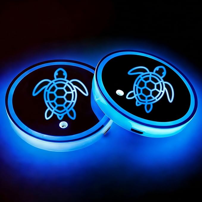 2Pcs Turtle LED Car Cup Holder Coasters 7 Colors 3 Modes Lights Up Cups | with USB Charging of Car Accessories for SUV Trucks Sedans, Waterproof Interior Atmosphere Lamp, Turtle Gifts for Women Men