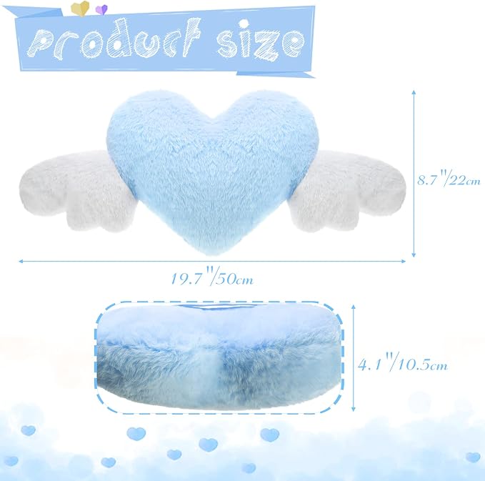 2 Pcs Plush Heart Shaped Pillow with Angel Wings Car Headrest Soft Comfortable Seat Pillow for Driving Travelling Room Office Car Decor, 19.7 x 8.3 Inch(Light Blue)