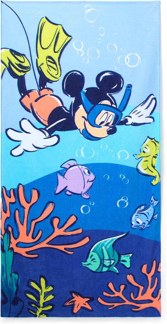 Store Official Mickey Beach Towel with Mickey Mouse Screen Art on Topside - Measures 29" x 58" - Soft & Absorbent for Pool or Beach - Bath Towels for Kids Who Love & Mickey