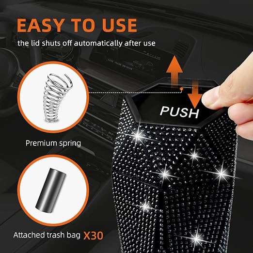 Bling Car Trash Can with Lid, Bling Car Accessories Trash Bin, Leakproof Auto Garbage Can with 30 Trash Bags, Multipurpose Organizers and Storage for Home, Office (Black Diamond)