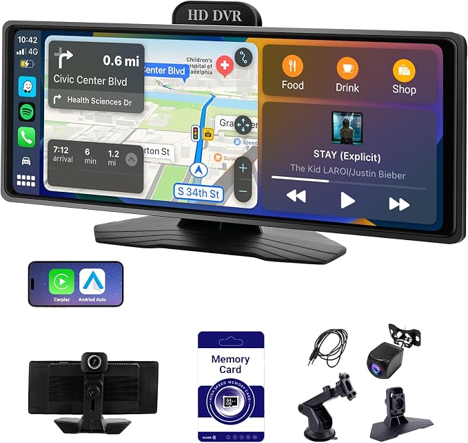 ‌10.26 Inch Wireless CarPlay & Android Auto Car Display with 1080P Dash Cam & Backup Camera All-in-One Smart Car Stereo Free 64GB SD Card