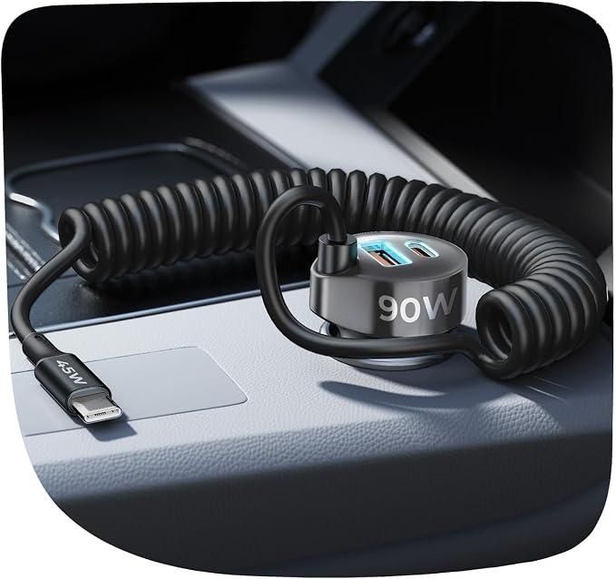 Car Charger with 45W Built-in USB-C 36 inch Coiled Cable, 90W Multi-Port Fast Charging Cigarette Lighter Adapter for iPhone 17/16/15 Pro Max, Samsung Galaxy S26 Ultra, Black | Car Charger USB C Fast Charge Adapter,Super Fast for Men Women, Car Ac...