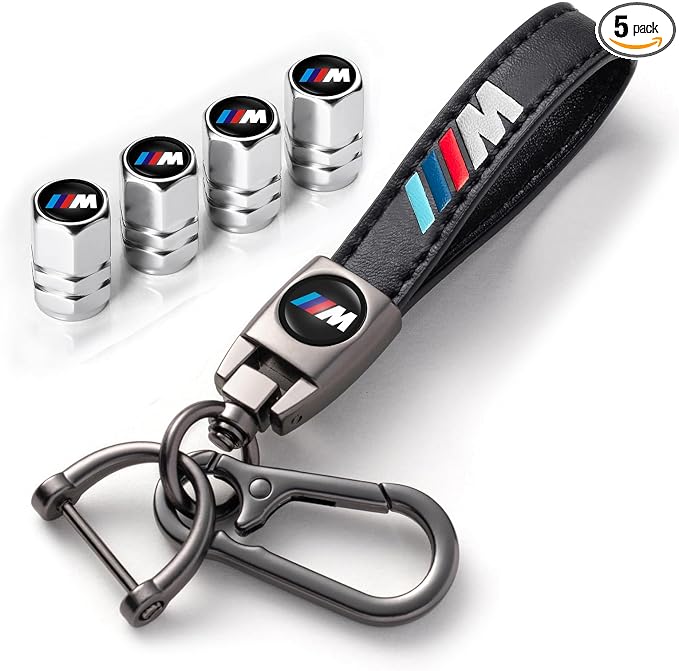 Car Tire Valve Stem Caps and Car Keychain Combo Compatible with BMW M M2 M4 M5 M6 M8 X1 X2 X3 X5 X6 M135i M240i Z4 328i X7 Keyring for Men and Women Family Present Car Accessories