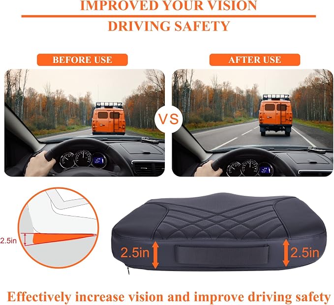 Premium Car Seat Cushion, Memory Foam Driver Seat Cushion to Improve Driving View- Coccyx & Lower Back Pain Relief - Seat Cushion for Car, Truck, Office Chair (Leather Black)