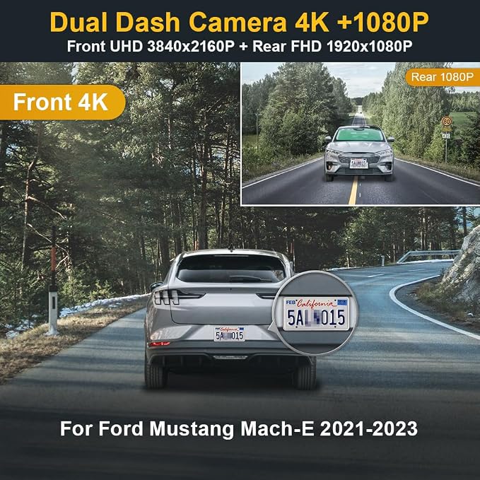 Front 2160P+Rear 1080P Dash Cam Adapts for Ford Mustang Mach-E 2021-2025 GT Select Premium, OEM Style, Dual Loop Recording, Built-in WiFi & APP, G-Sensor, Easy to Use, 128GB Card