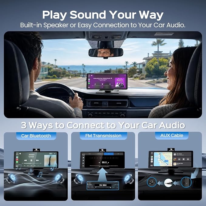 10.26" Portable Apple CarPlay Screen for Car with 4K Dash Cam and 1080P Backup Camera, Wireless Car Play & Android Auto, OTA, GPS Navigation, Voice Control, Mirror Link
