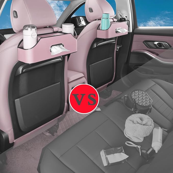 Car Back Seat Organizer with 2 Drink Cup Holder - Tissue Box and Storage Box Hook - Multi-functional Storage - Great for Kids and Travel (Pink)