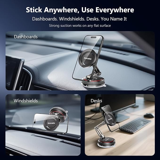 for MagSafe Car Mount [3-Axis] Nano Adhesive Gel + Strong Suction Cup Magnetic Phone Holder for Dashboard & Windshield, 360° Adjustable for iPhone 17 16 15 14 13 12, Samsung, Matte Black