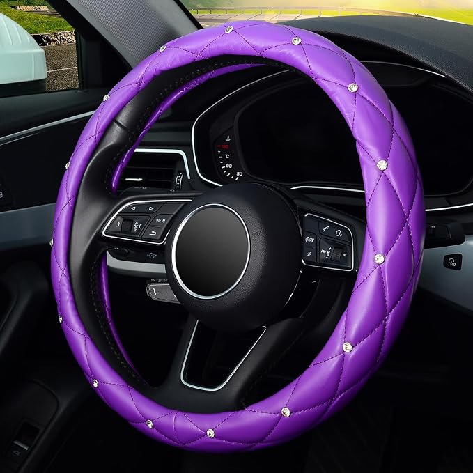 Diamond Soft Leather Steering Wheel Cover with Bling Bling Crystal Rhinestones, Universal 15 inch, Purple