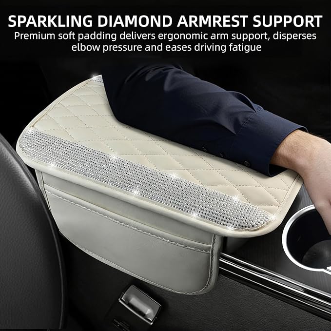 Bling White Car Center Console Cover, Leather Car Arm Rest Cover with 2 Storage Bags, Universal Auto Armrest Protector Storage Box, Bling Accessories Interior for Most Vehicles