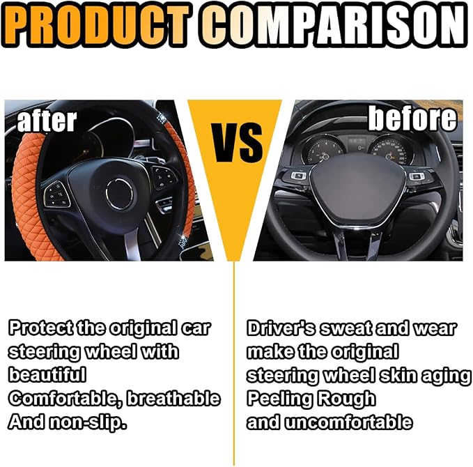 15 Inch Bling Soft Leather Car Steering Wheel Cover, Orange | Colorful Rhinestones Design, Auto Elastic Protector for Women Girls, Crystal Diamond Car Accessories for Most Cars, SUVs