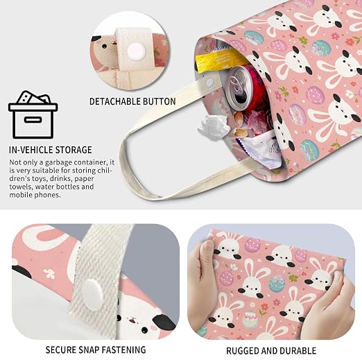 Cute Car Trash Can, Hanging Canvas Car Back Seat Organizer and Storage Bag, Funny Car Trash Bag for Travelling, Outdoor Cute Pink Bunny Egg