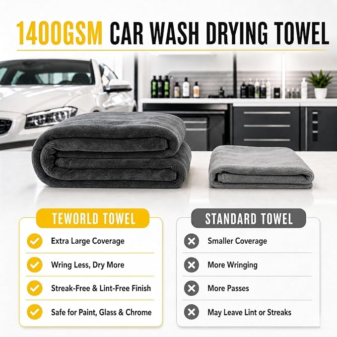 Car Drying Towel, Extra Large 48 x 24 Inch, 1400 GSM, Dual-Grey | Twisted Loop Microfiber Towel for Cars - Absorbent Car Dry Towel and Car Wash Towel for Streak-Free, Paint-Safe Car Detailing