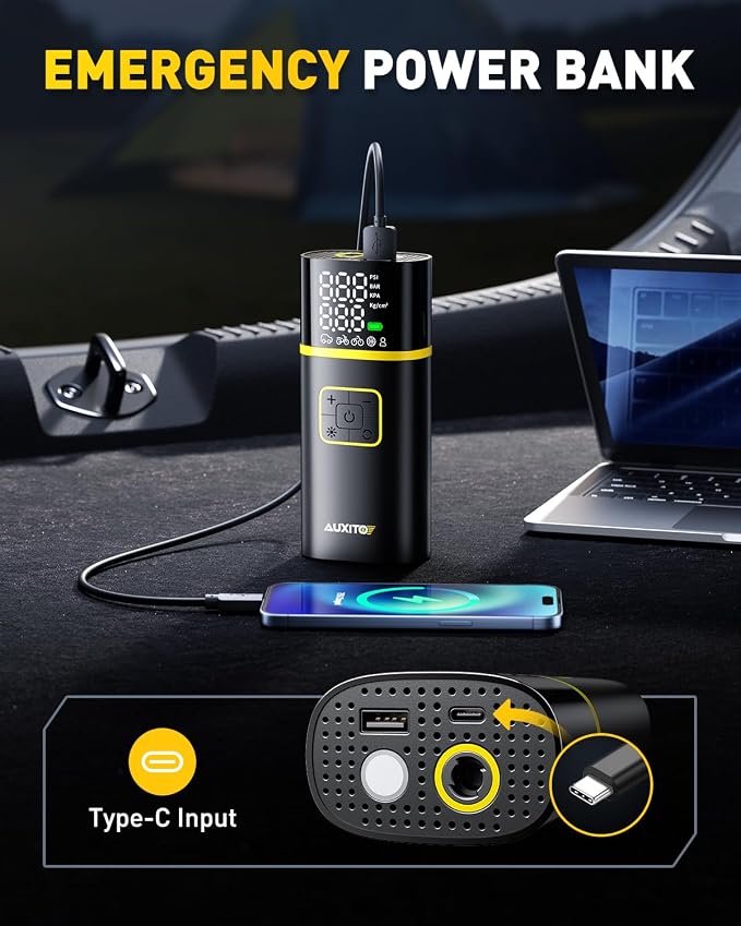 Tire Inflator Portable Air Compressor - 150PSI Bike Pump 1Min Fast Inflate with Tire Pressure Gauge, 5200 mAh, LED Light, Car Accessories Air Pump for Auto, Moto, Bike Car Gifts for Men