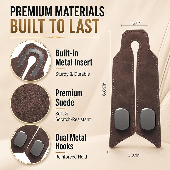 2Pcs Car Headrest Hooks with Premium Leather, Upgraded Double Metal Hooks with Anti-Drop Design, Universal Back Seat Hanger for Bags, Coats, Purses and Groceries (Classic Brown)