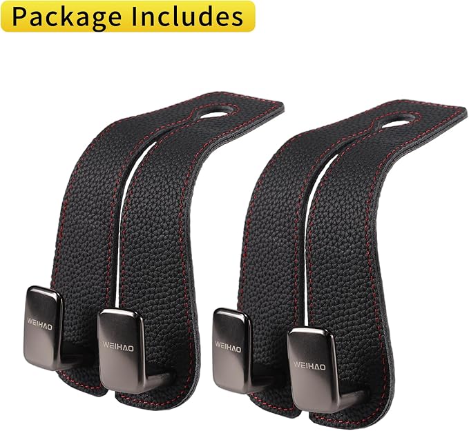 Car Purse Hook, Genuine Leather Car Seat Back Storage Hook, Purse Hook for Car Headrest, Twin Hook Leather Car Headrest Hangers, Bag Hook for Car, Trucks, SUVs, Most Vehicles (Black-2 PCS)