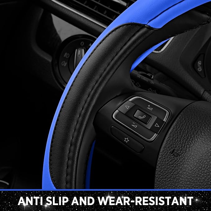 Leather Steering Wheel Cover - Made with PVC Leather - Anti-Slip, Universal Fit 14 1/2 inches to 15 inches - Blue