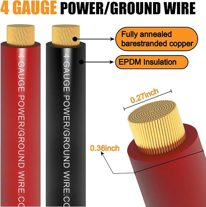 4 Gauge Wire (25 Feet Black+25 Feet Red) Copper Clad Aluminum Automotive Power Ground Cable Wire,20PCS Lugs Terminal Connectors,Heat Shrink Tubing,100A ANL Fuse with Cable Cutter