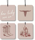Beige Boho Western Orange Car Air Freshener 4 Pcs, Country Cow Skull Cactus Cowgirls Boots Square Hanging Air Freshener for Closet Drawer Books, Western Car Accessories Mirror Decor for Women