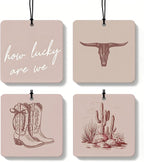 Beige Boho Western Orange Car Air Freshener 4 Pcs, Country Cow Skull Cactus Cowgirls Boots Square Hanging Air Freshener for Closet Drawer Books, Western Car Accessories Mirror Decor for Women