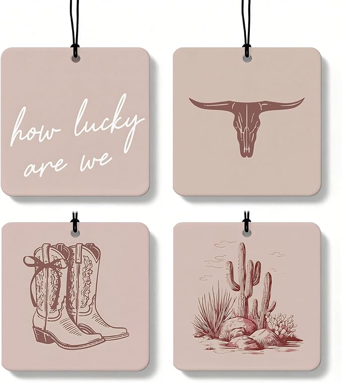 Beige Boho Western Orange Car Air Freshener 4 Pcs, Country Cow Skull Cactus Cowgirls Boots Square Hanging Air Freshener for Closet Drawer Books, Western Car Accessories Mirror Decor for Women