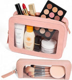 2Pack Clear Makeup Bags Set, Small Clear Makeup Bag, PU Leather Travel Makeup Brush Case Portable Transparent Waterproof Cosmetic Organizer Pouch with Zipper for Women(2Pack-White Set)