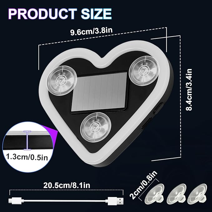 Heart-Shaped LED Neon Light | Solar and USB Rechargeable | 1 Pack Pink Car Interior Lights with Suction Cups | 40 High-Brightness LEDs Car Ambient Light, 5 Modes