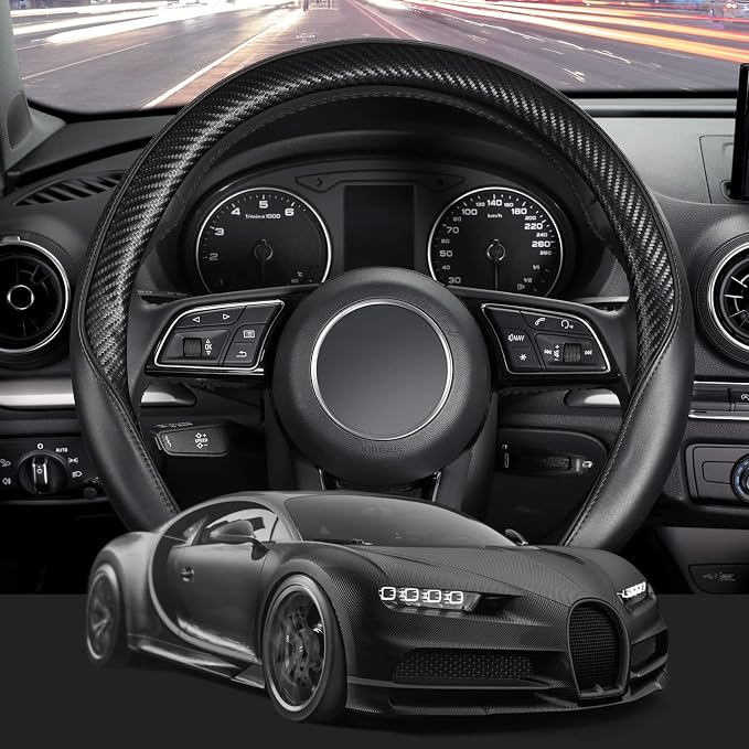 Car Steering Wheel Cover Universal Standard-Size 14 1/2"-15" Leather with Carbon Fiber Pattern Black