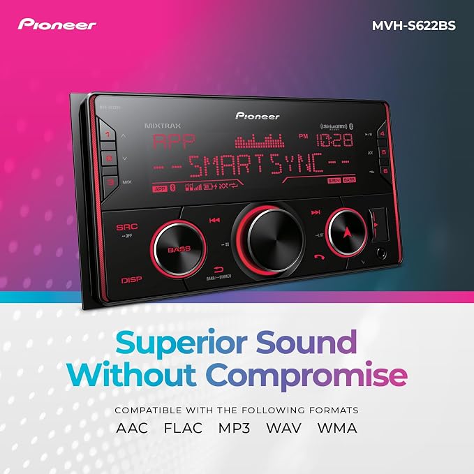 MVH-S622BS Double Din Digital Media Receiver – Bluetooth, SiriusXM, Color Change, USB, FLAC, Voice Control, 50W x 4 Output, 13-Band EQ, AM/FM Radio, Hi-Volt RCA Preouts