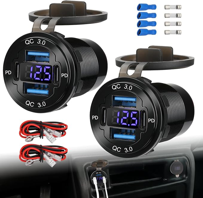 2 Pack 12V USB Outlet 4-Port, 78W Dual PD30W & QC3.0 Fast Charger, Waterproof Aluminum Alloy 12v Power Outlet with Blue Voltmeter for Cars RVs Boats Golf Carts Trucks Motorcycles