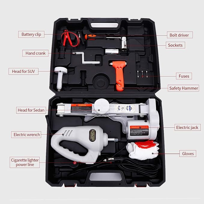 Electric Car Jack Kit 12V Trailer Floor Jack Stands Set 3 Ton Vehicle Scissor Car Lift for Tire Change and Road Emergency with Impact Wrench