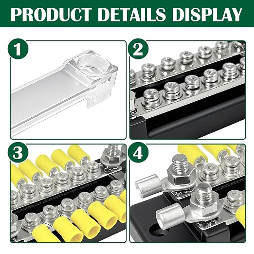 150A Double-Row Busbar Power Distribution Block 12V Bus Bar with Ring Terminals, 304 Stainless Steel Marine Terminal Block and Ground Buss Bar Kit, 4 x M6 Stud, 12 x M4 Screw