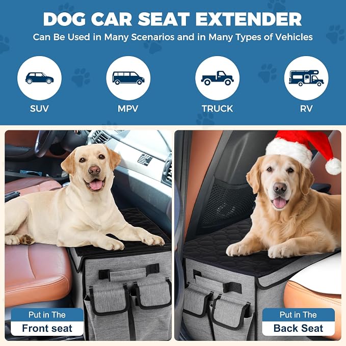 Back Front Seat Extender for Large Dogs Up to 200 Lbs, Adjustable Dog Back Seat Extender with Cushion & Storage Box, Car Organizer Gap Filler for Front or Back Seat,Gray