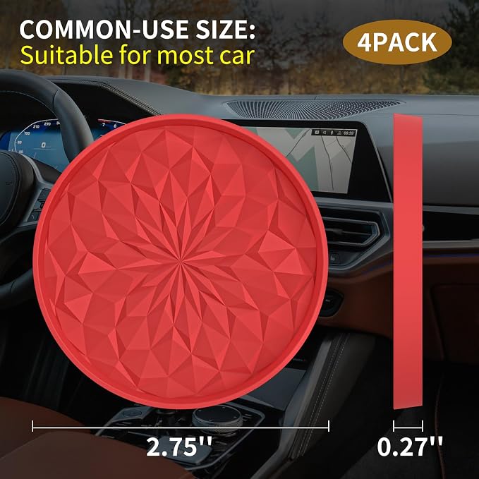 ME.FAN Car Coasters for Cup Holders [4 Pack] - 2.75In Silicone Auto Mug Mats - Universal Non-Slip Recessed Car Interior AccessoriesRed