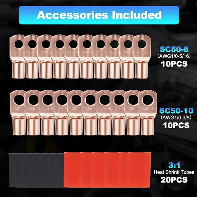 1/0 Gauge Wire 1/0 AWG Battery Cable (20FT Red+20FT Black), Copper Clad Aluminum CCA Amp Wiring Kit, Automotive Wire with Terminals Connectors, for Car Audio Speaker, Marine, RV Trailer