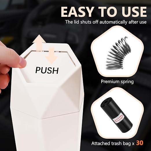 Car Trash Can with Lid - 2-Pack, Interior Accessories for Vehicles, Leakproof Garbage Can with 30 Detachable Trash Bags, Multipurpose Organizers and Storage Solutions for Home and Office (Beige)
