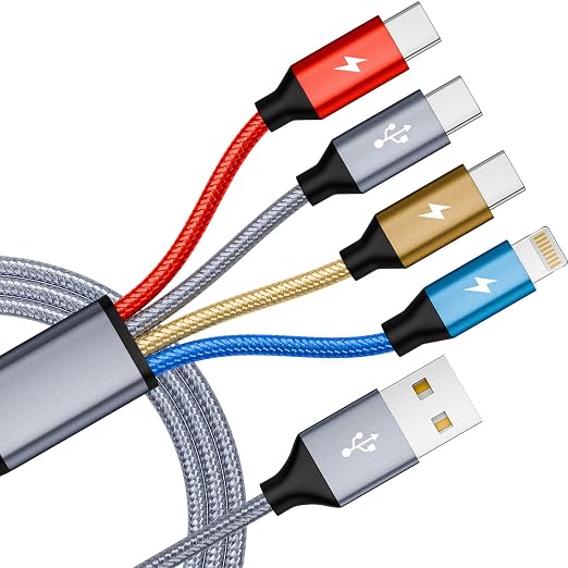 Multi Charging Cable,3 Type-C Multiple Charger Cable Nylon Braided 4 in 1 Multi USB Cable Charging Cord with IP/Type C Ports for Cell Phones/iPhone/Tablets/Galaxy & More-1Pack 5Ft.