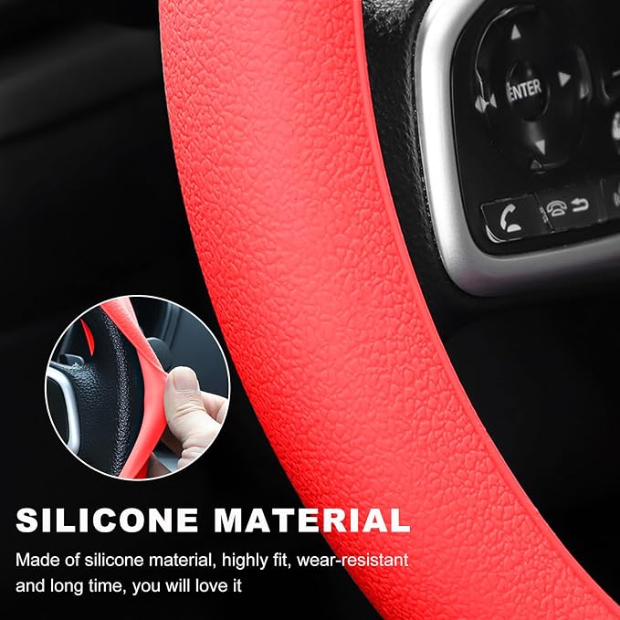 Car Steering Wheel Cover, 13 to 14.17 inches Anti-Slip Silicone Steering Wheel Protector, Soft Flexible Shock-Absorbent Steering Wheel Protective Cover for Most Car Models (Red)