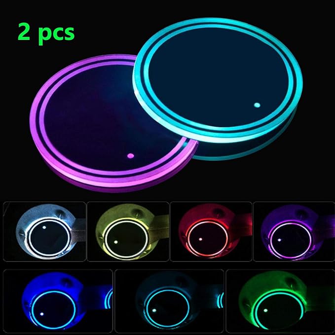 LED Cup Holder Lights, 2pcs LED Car Coasterss with 7 Colors Luminescent Light Cup Pad, USB Charging Cup Mat for Drink Coaster Accessories Interior Decoration Atmosphere Light.