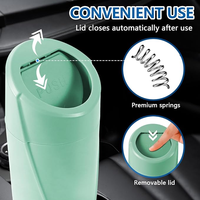 Mini Car Trash Can with Lid, Portable Garbage Can for Car, Leakproof Cup Holder Automotive Garbage Bin with 2 Rolls of Trash Bags, Small Trash Storage Can for Car Home Office(Light Green)