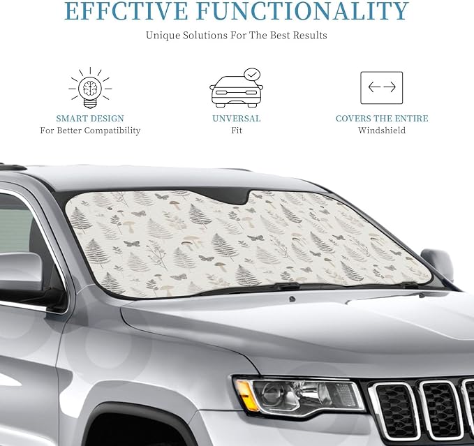 Windshield Sun Shade Botanical Leaf Butterfly Mushroom Car Front Window Sunshade Cover for Truck SUV Blocks UV Rays Automotive Visor Interior Protector 51 x 27.5 inch