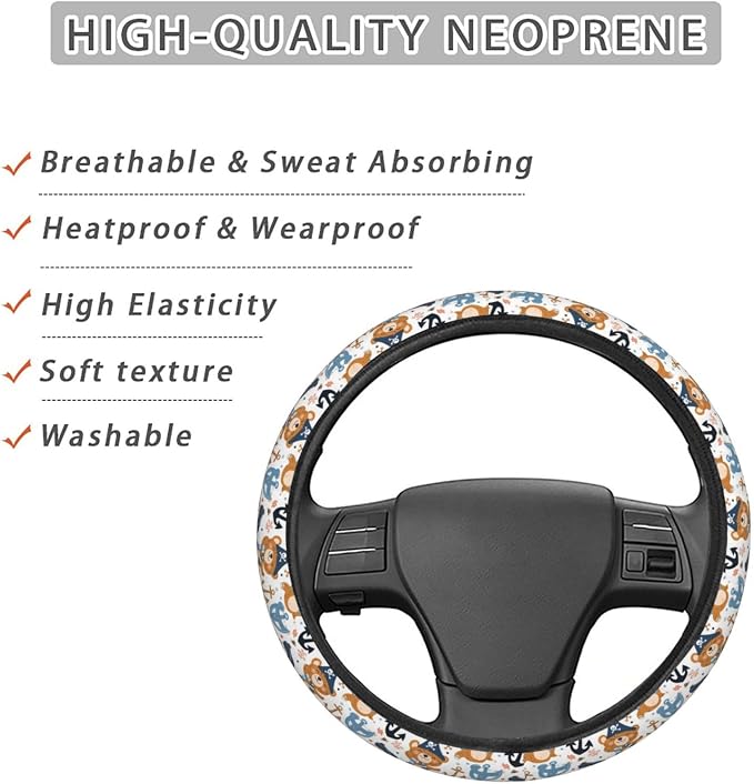 Bear Pirates Anchors Steering Wheel Covers Anti-Slip Elasticity Car Accessories Steering Wheel Protector Universal 15 Inch for Cars SUV Vehicle Truck