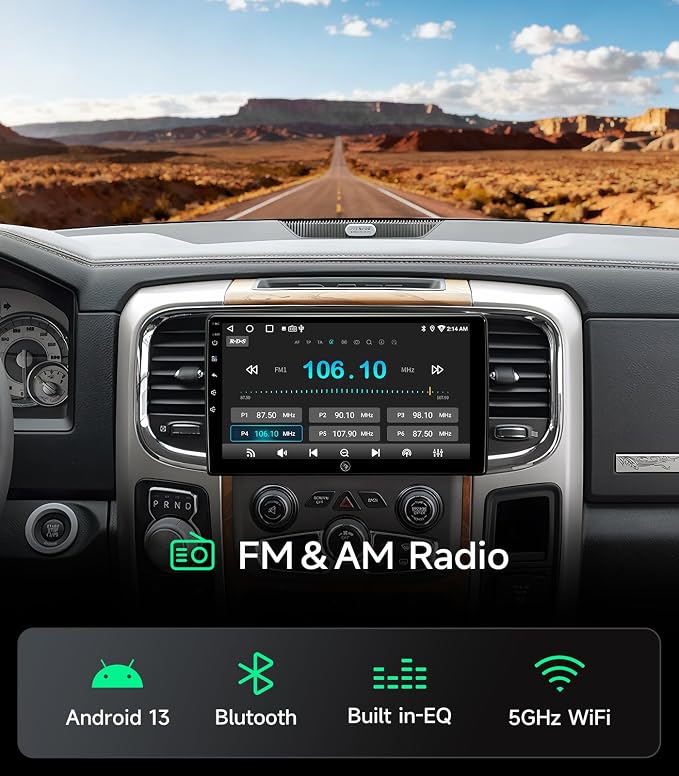 Car Radio Stereo for Dodge Ram 1500 2500 3500 13-18, CarPlay Android Auto | 10.2-inch HD touchscreen, 64G storage, 5G WiFi GPS, wireless phone link, Bluetooth FM AM SWC, plug-and-play, HD backup camera