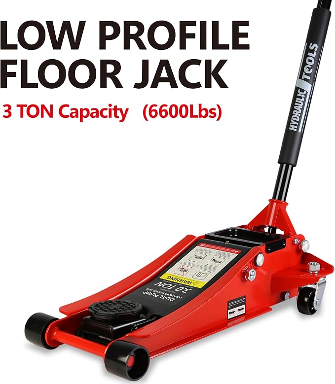 Floor Jack, Professional Heavy Duty Hydraulic Floor Jack, Low Profile Steel Racing Floor Jacks w/2 Piston Quick Lift Pump, Lifting 3.3"-18.5" 3 Ton(6000lb) Capacity Red