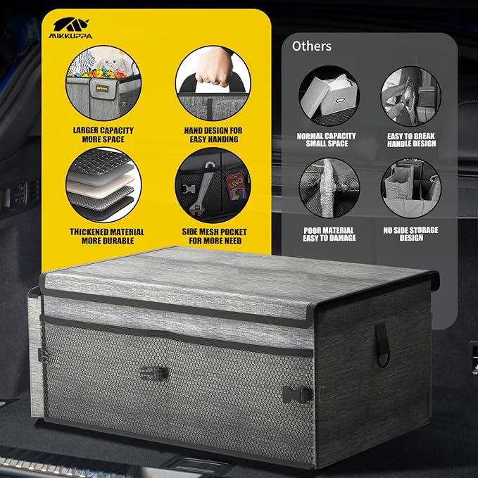 Car Trunk Organizer with Cooler - 65L Collapsible Trunk Organizer with Lid, Sturdy Car Storage for SUV Auto Truck Van with Adjustable Straps and Non Slip Bottom (Gray)